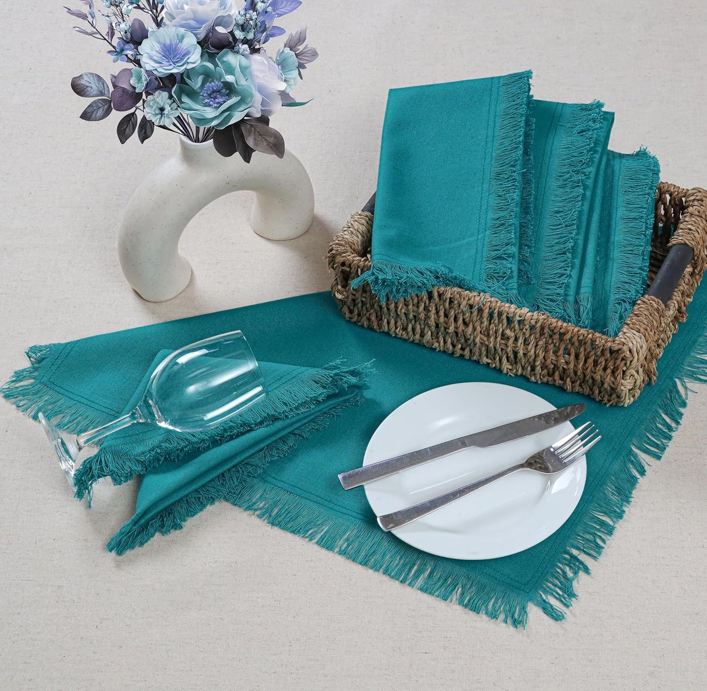 Bedding Craft Cotton Cloth Dinner Napkins Set of 12 – 18x18 Latigo Bay Teal with Fringed Corners – Reusable Machine Washable Fabric Napkins for Weddings, Baby Showers, Parties & Dining