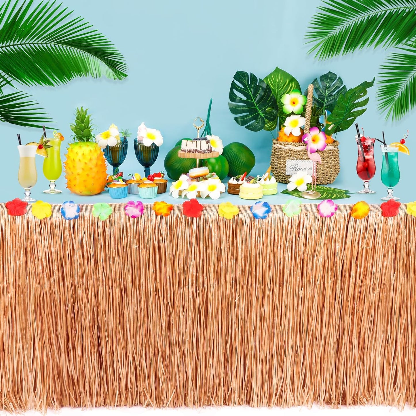 4PCS Hawaiian Table Skirt Decor, Yellow Luau Themed Grass Table Skirt Party Decorations, 108 X 29.5" Flower Tropical Hula Dance Parties Supplies, Table Skirt Bulk for Summer Beach Themed Activities