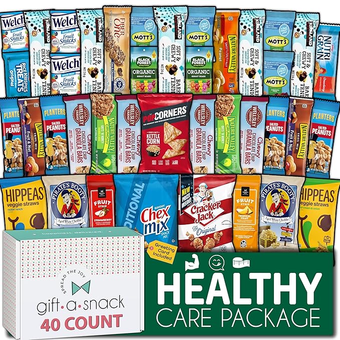 Gift A Snack - Halloween Trick or Treats Healthy Snack Box Care Package + Greeting Card (40 Count) Birthday Treats Gift Basket, Nutritious Granola Breakfast Bars, Office Food Assortments