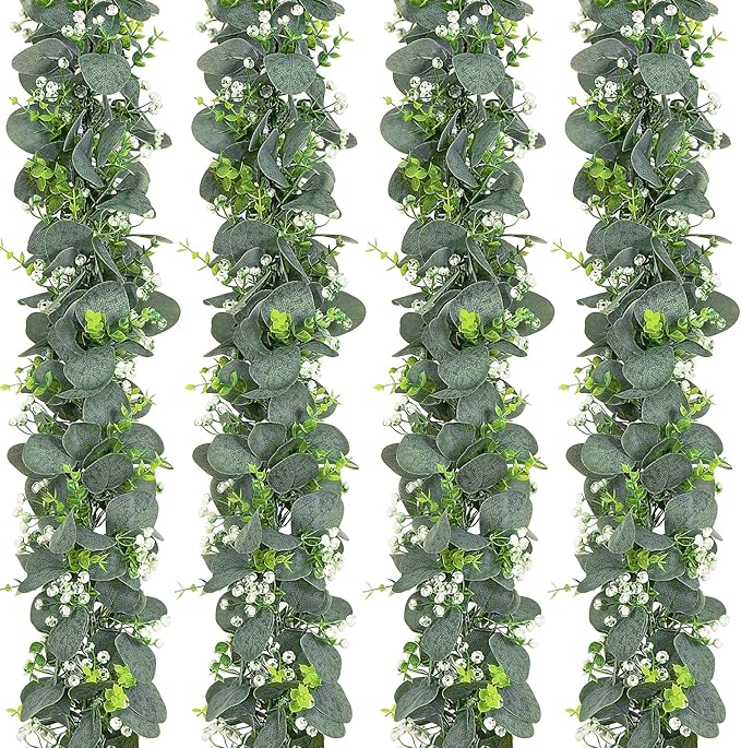 Dolicer 4 Packs 6FT Artificial Eucalyptus Garland, Faux Greenery Garland Fake Vines Hanging Silver Dollar Eucalyptus Leaves for Wedding Backdrop Arch Table Wall Party Home Decor