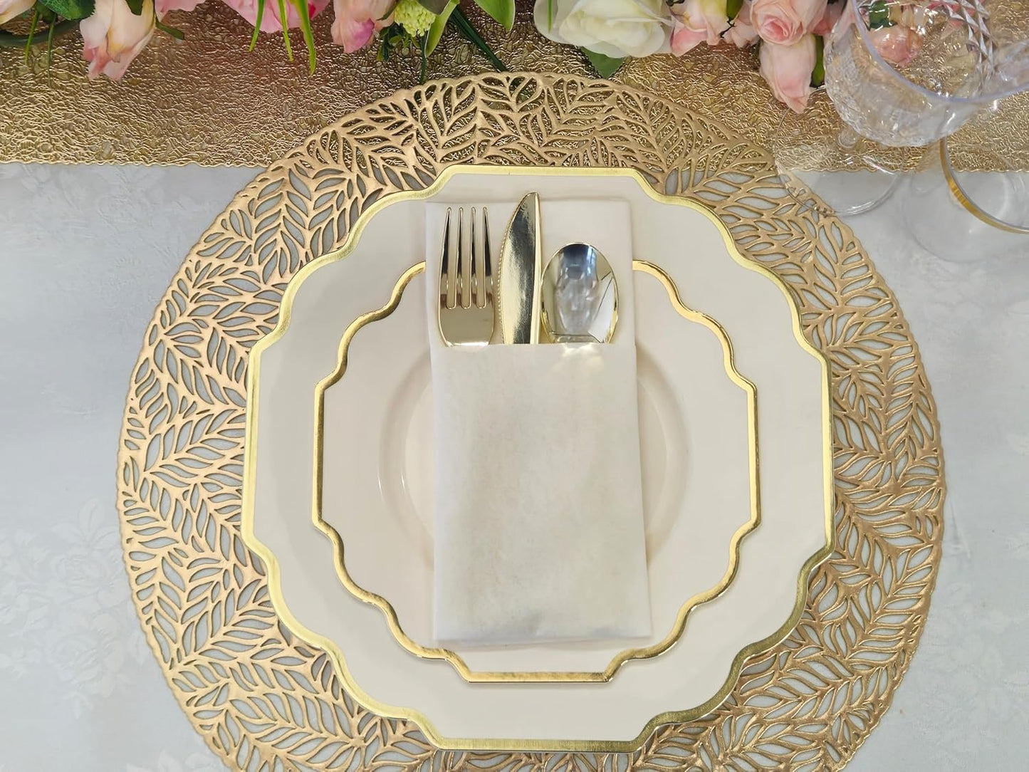 " OCCASIONS " 50 Plates Pack (25 Guests)-Heavyweight Wedding Party Disposable Plastic Plate Set -(25x10.5'' Dinner + 25x8'' Salad/Dessert) (Imperial Ivory & Gold)