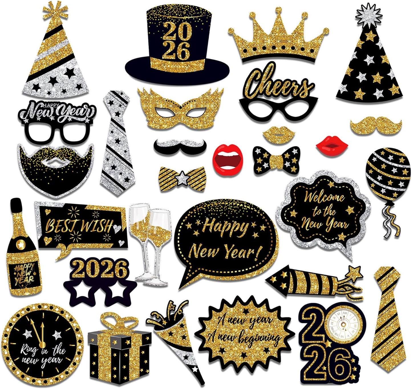 New Years Photo Booth Props 2026 – Pack of 30, Nye | Eve Party Supplies Black Gold New Year’s Eve Photo Prop 2026 Happy News Years Selfie Props Decorations for NYE Party Favor Decorations Supplies