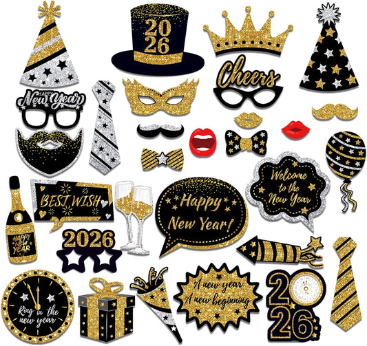 New Years Photo Booth Props 2026 – Pack of 30, Nye | Eve Party Supplies Black Gold New Year’s Eve Photo Prop 2026 Happy News Years Selfie Props Decorations for NYE Party Favor Decorations Supplies