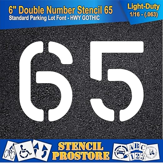 Pavement, Curb, and WheelStop Stencils - 6 inch Double Number Stencil - (65) - 6" x 9" x 1/16" (63 mil) - Light-Duty