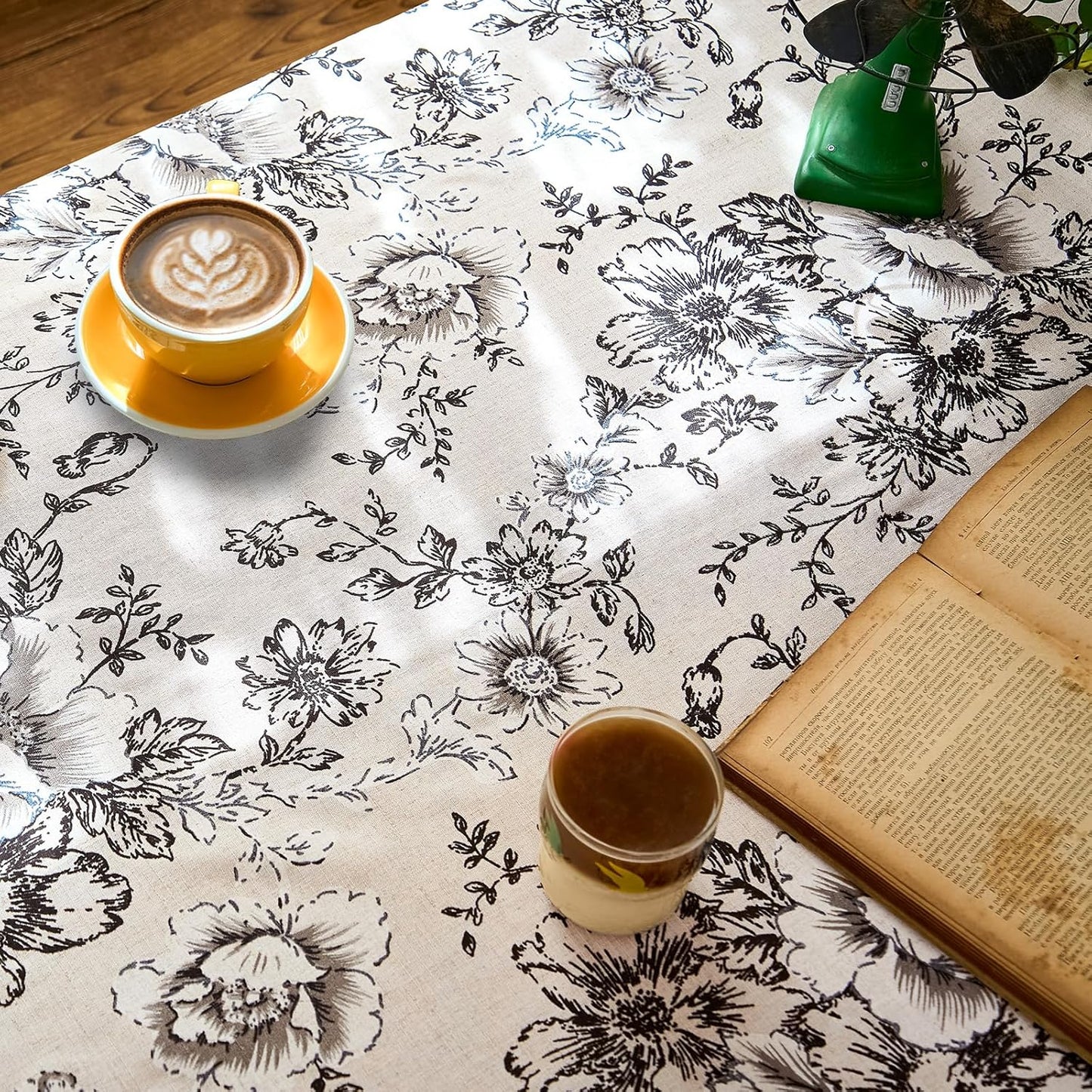 jinchan Linen Table Cloth 52 x 52 Inch with Black Flower Print Farmhouse Beige Linen Blend Cloth for Square Dining Table Washable Cottage Table Cover Home Decor 1 Panel Floral Black on Beige