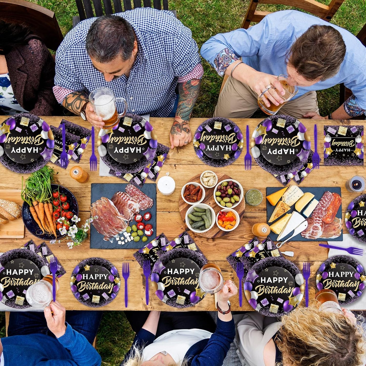 gisgfim 50 Guests Purple Birthday Plates and Napkins Purple and Black Happy Birthday Party Supplies Tableware Set Table Decorations for Women Girl Birthday Decoration Paper Plates Napkins Forks 200PCS