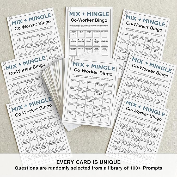 Sahjzk Office Bingo Cards, 25 Unique Randomized 5x7 Sheets, Get to Know You Bingo Game for Adults, Ice Breaker Office Party Games, Team Building Games for Work, High Replay Value - A02