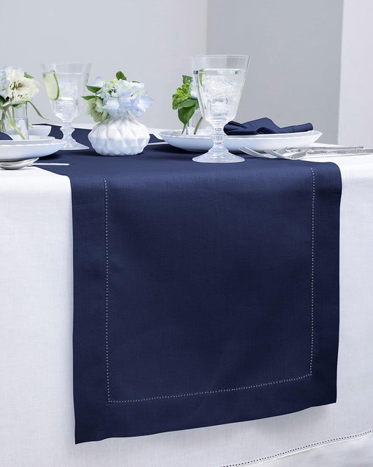 Solino Home Linen Navy Blue Table Runner 132 Inches Long - 100% Pure Linen Extra Long Table Runner 14 x 132 Inch for Fall, Autumn, Thanksgiving, Christmas - Classic Hemstitch