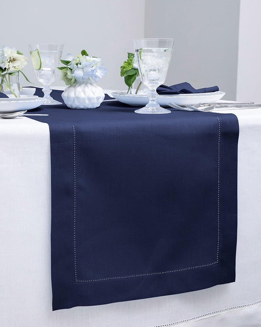 Solino Home Linen Navy Blue Table Runner 36 Inches - Classic Hemstitch, 100% Pure Linen Coffee Table Runner 14 x 36 Inch Ideal for Dresser Tables - Fall, Autumn, Halloween, Thanksgiving, Christmas