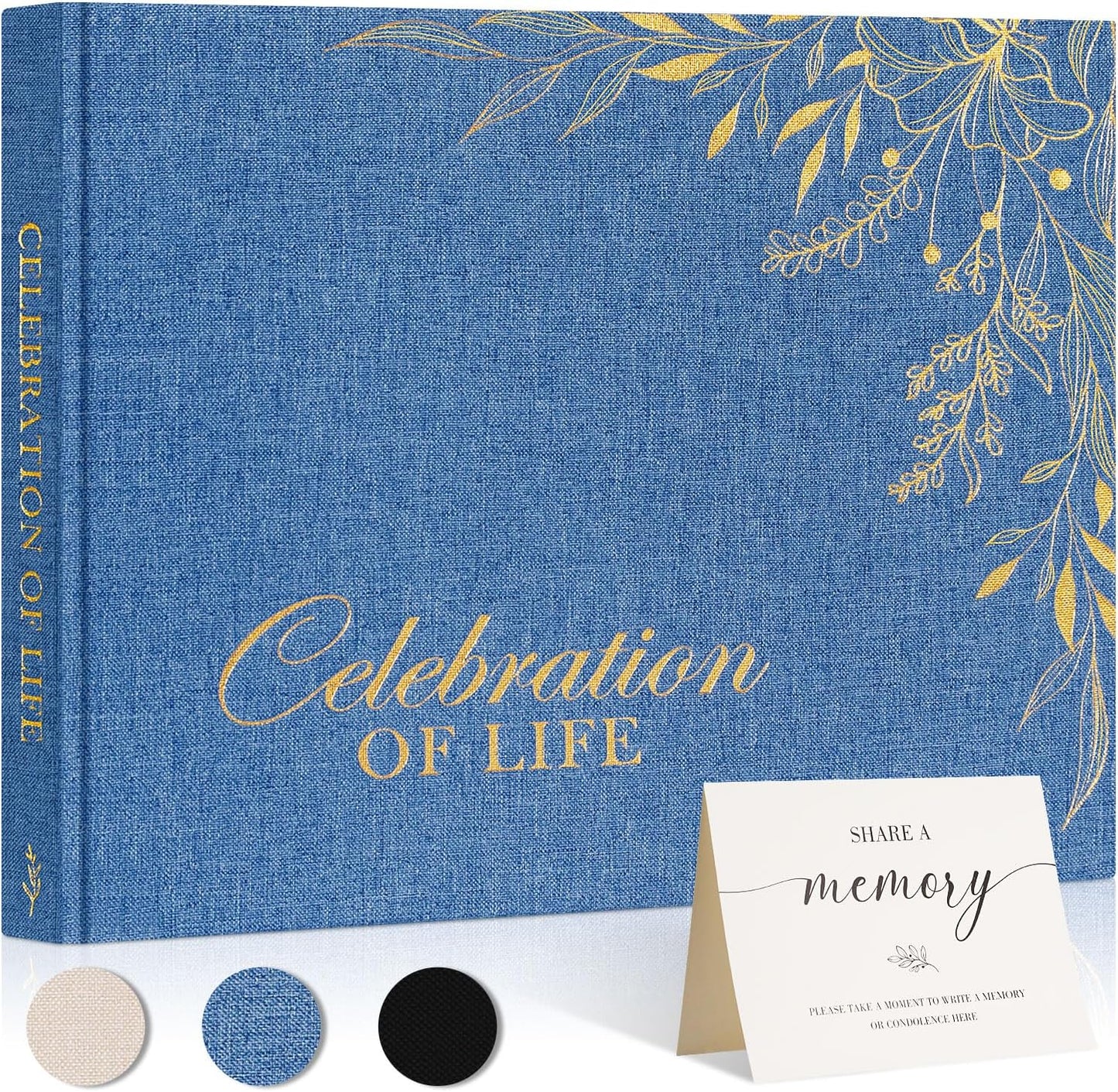 Lanpn Funeral Guest Book for Memorial Service, Linen Cover Celebration of Life Registry Guest Book, Funeral Favors Sign in Books for Guests Memory Book for Funeral with Memory Table Sign, Blue