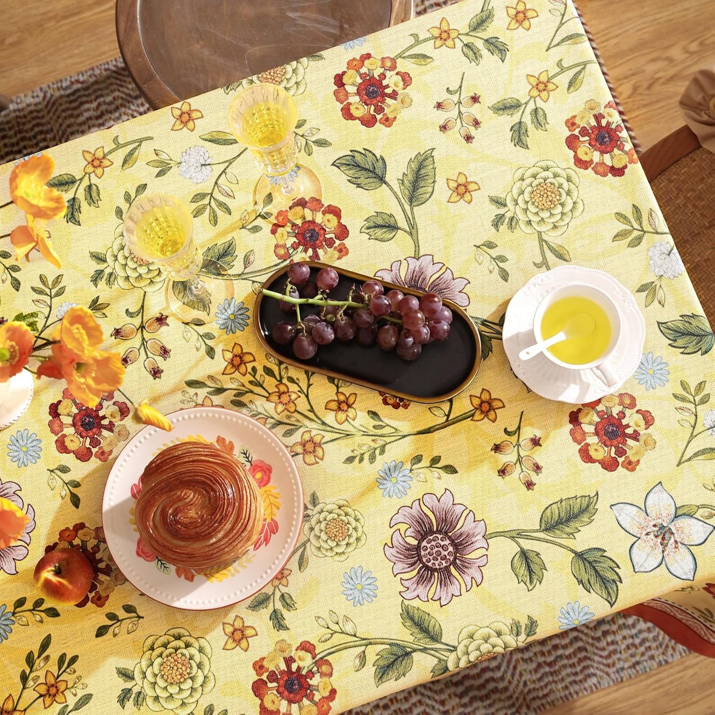 Vintage Linen Tablecloth for Rectangle Table,Yellow Floral French Wrinkle Free Tablecloths,Decorative Table Cover for Kitchen,Dining,Thanksgiving,Christmas,Party,63"*87"-Bellano