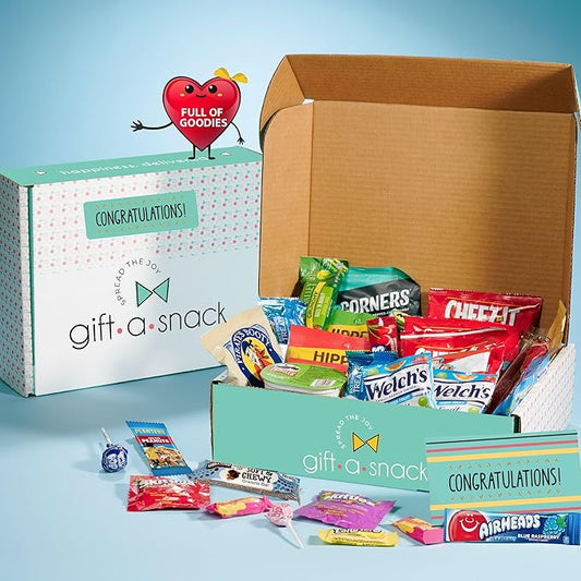 Gift A Snack - Congratulations Snack Box Variety Pack Care Package + Greeting Card (45 Count) Graduation Sweet Treats Gift Basket, Candies Chips Crackers Bars - Food Assortments