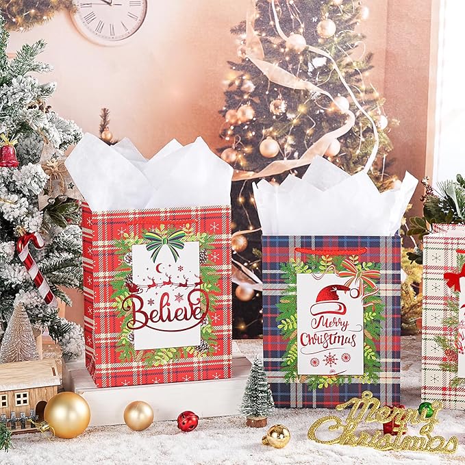 Loveinside Christmas Gift Bags Set, Gold Foil Holiday Wreath & Plaid Design, Medium Size Bags with Handle, Tissue Paper for Christmas Gifts & Party Favors, 4 Pack, 7" X 4" X 9"
