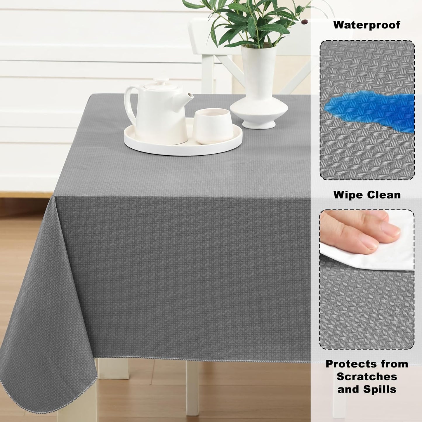 Newbridge Basketweave Vinyl Flannel Backed Tablecloth, 60 x 102 Inch Rectangle, Grey, Basket Weave Textured Indoor Outdoor Waterproof Table Cover for Patio, Kitchen, Dining