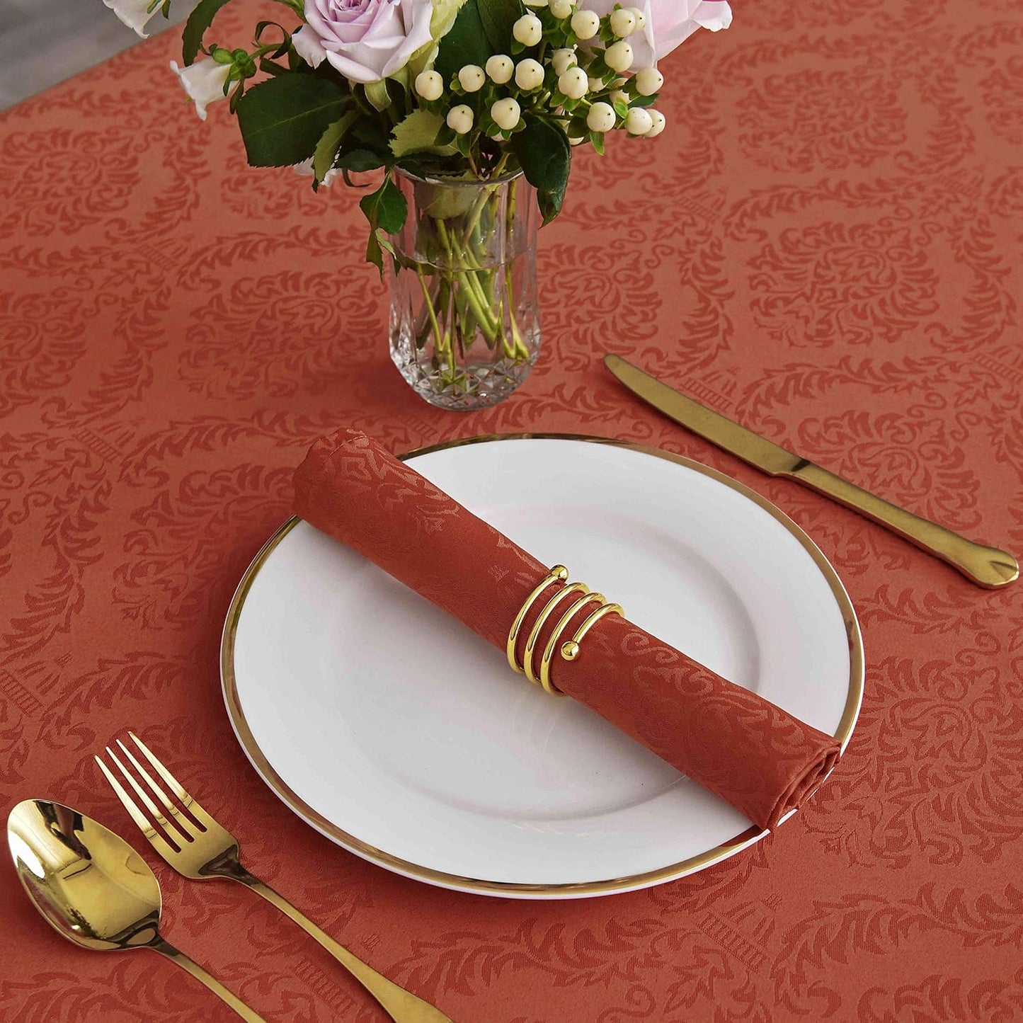 maxmill Jacquard Cloth Napkin 20 x 20 Inch Damask Pattern Solid Washable Polyester Dinner Napkins Set of 4 Pieces with Hemmed Edges for Holiday Dinners Weddings Parties and Banquets Rust