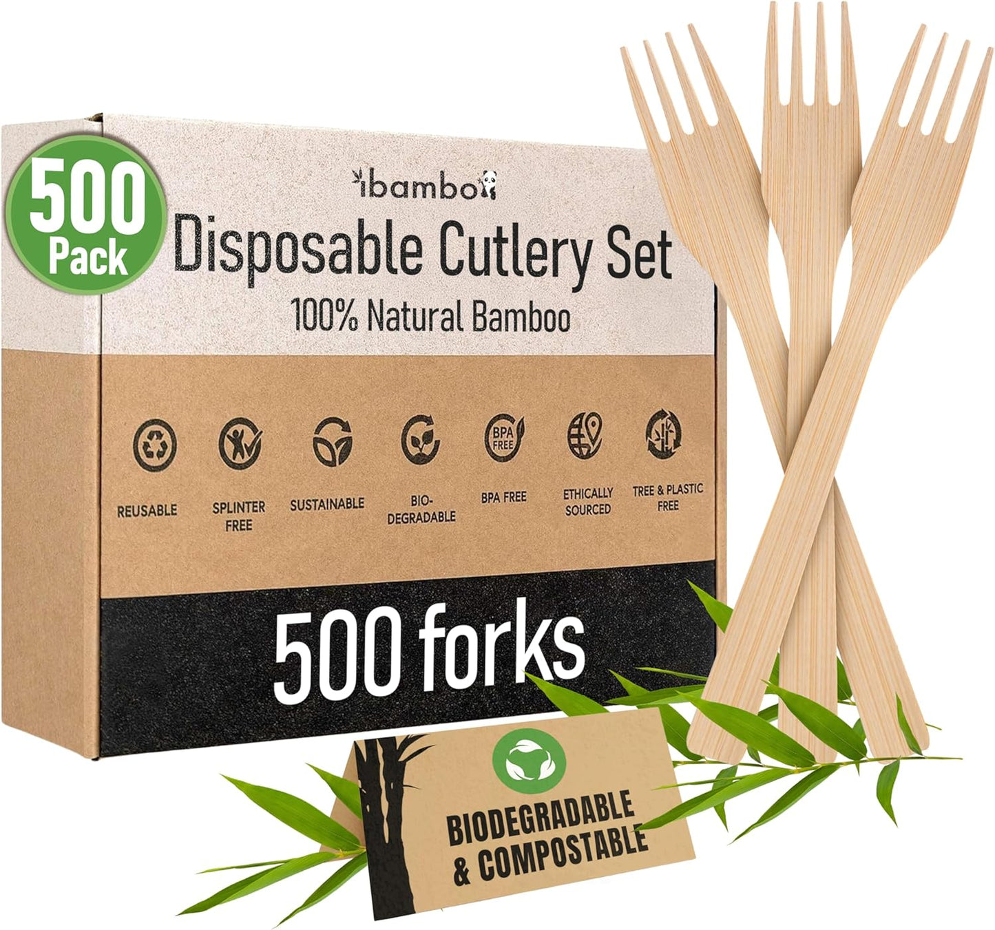 Ibambo 100% Bamboo Forks Set - Eco Friendly Disposable Cutlery (500 Compostable Forks) | Disposable or Reusable Bamboo Utensils | Compostable FSC Certified Silverware for Weddings, Camping, Parties