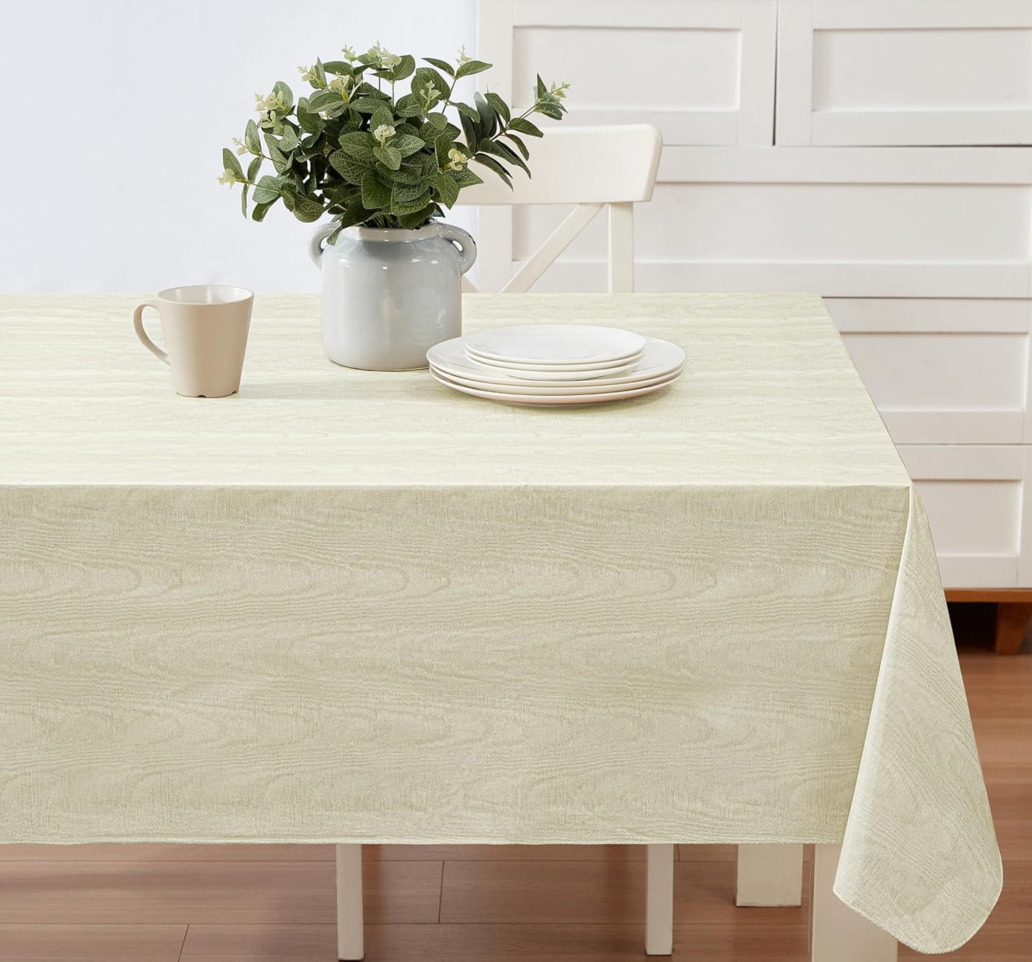 Newbridge Vinyl Flannel Backed Tablecloth, 60 x 102 Inch Rectangle, Beige Moire Wavy Solid Design, Heavyweight Indoor Outdoor Waterproof Table Cover, Easy Care Wipe Clean