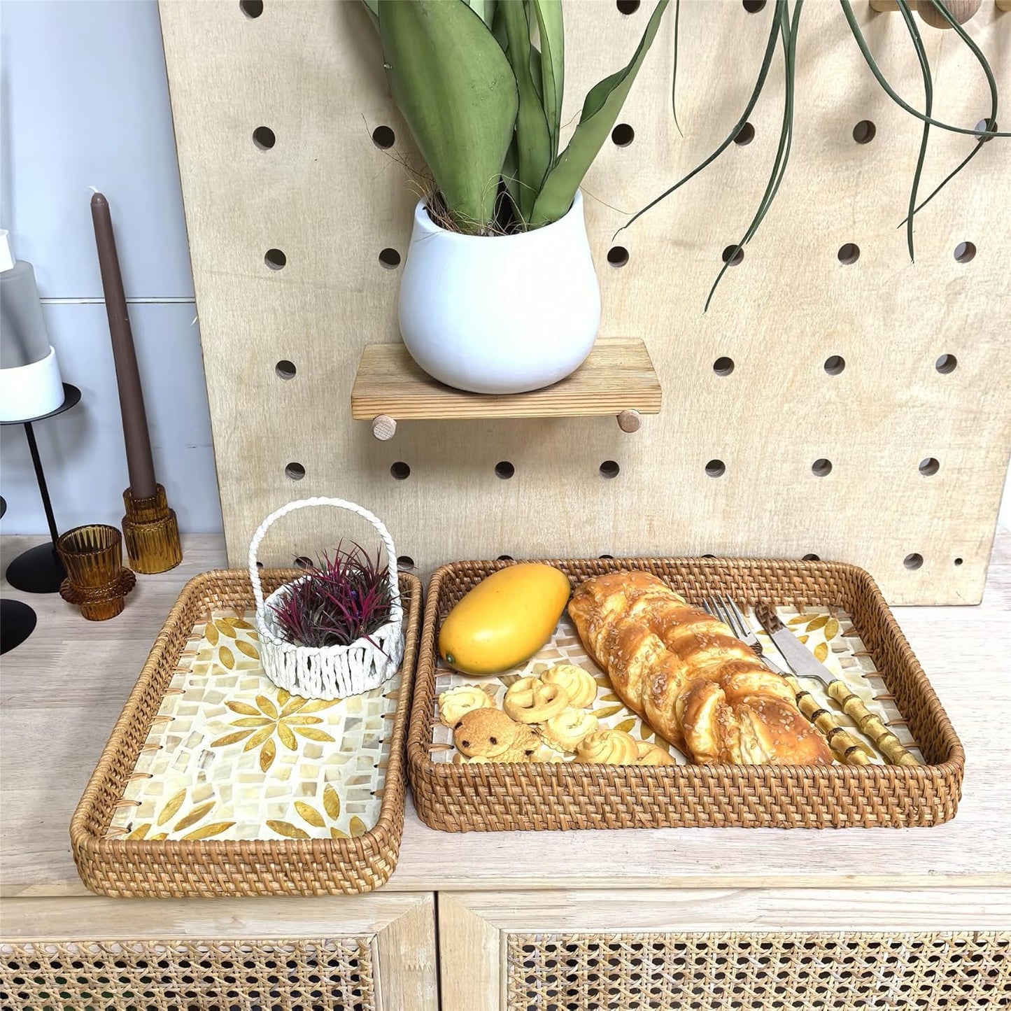 i-lan Set of 2 Rectangle Serving Trays with Mother of Pearl, 13" & 11.5" Woven Rattan Platters for Dining Entertainment, Centerpiece Displays, and Home Decor Accents