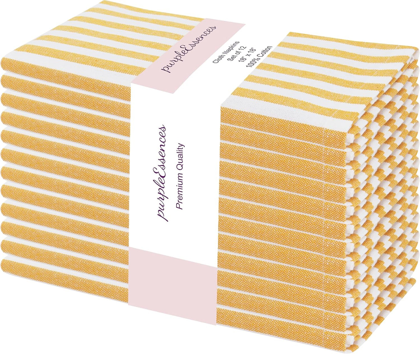 PurpleEssences Plain Striped Cloth Napkins - Set of 12-100% Cotton - 18 x 18 Inch - Fall Thanksgiving - Perfect Everyday Use Dinner Napkin - Golden Yellow White