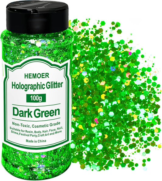 HEMOER Dark Green Glitter, 100g/3.5oz Holographic Chunky Glitter Mixed Hexagon Chunky & Fine Flakes Iridescent Sequins for Epoxy Crafts, Resin, Nail Body, Tumblers, Festival Party