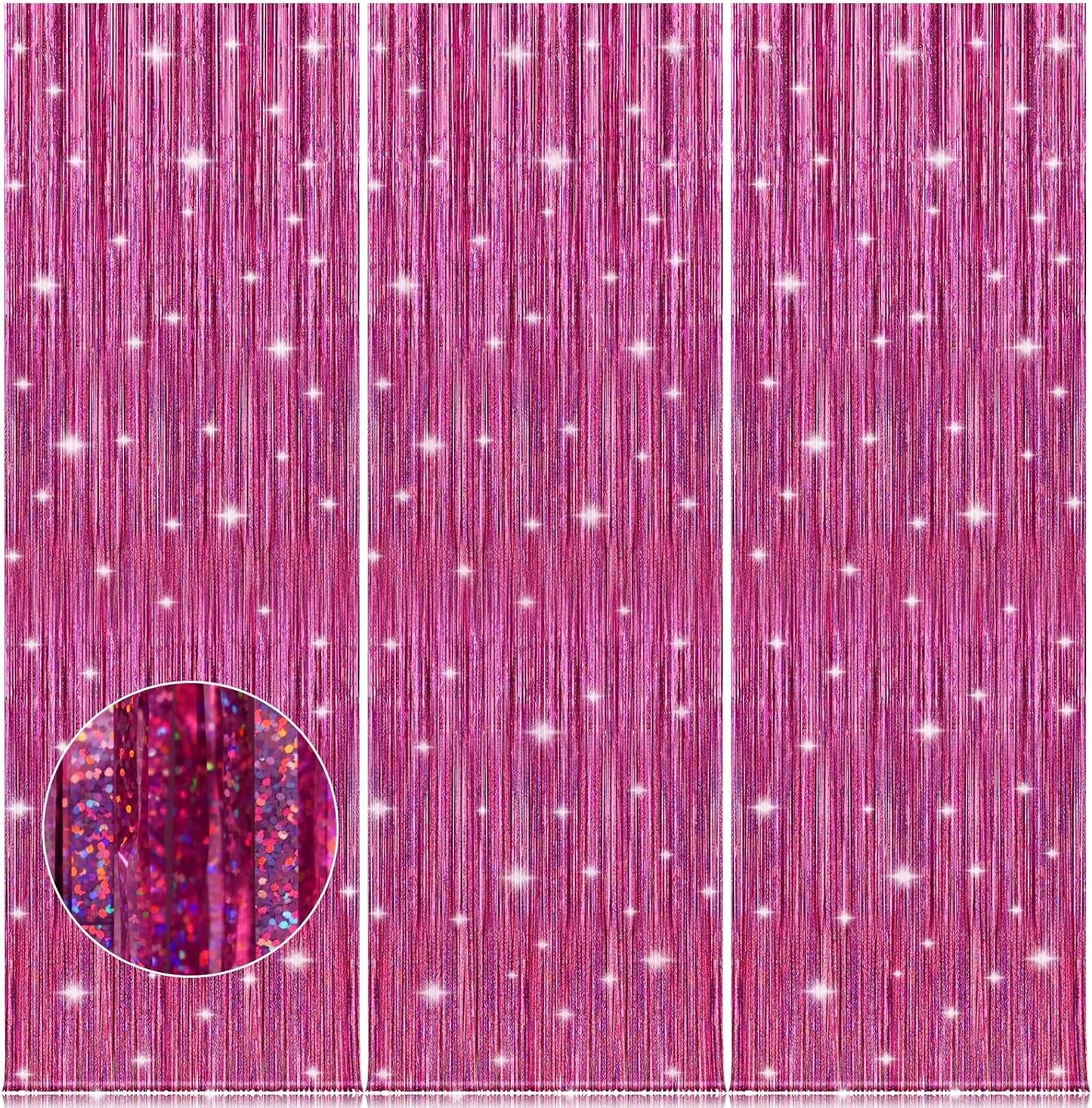 Accevo Pink Party Streamers 3Pack Glitter Foil Fringe Curtain 3.2ft x 8.2ft Pink Party Decor Photo Booth Streamers Metallic Tinsel Door Streamer for Valentines Day Decorations Christening Party Decor