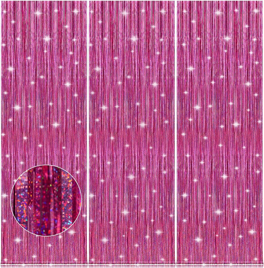 Accevo Pink Party Streamers 3Pack Glitter Foil Fringe Curtain 3.2ft x 8.2ft Pink Party Decor Photo Booth Streamers Metallic Tinsel Door Streamer for Valentines Day Decorations Christening Party Decor