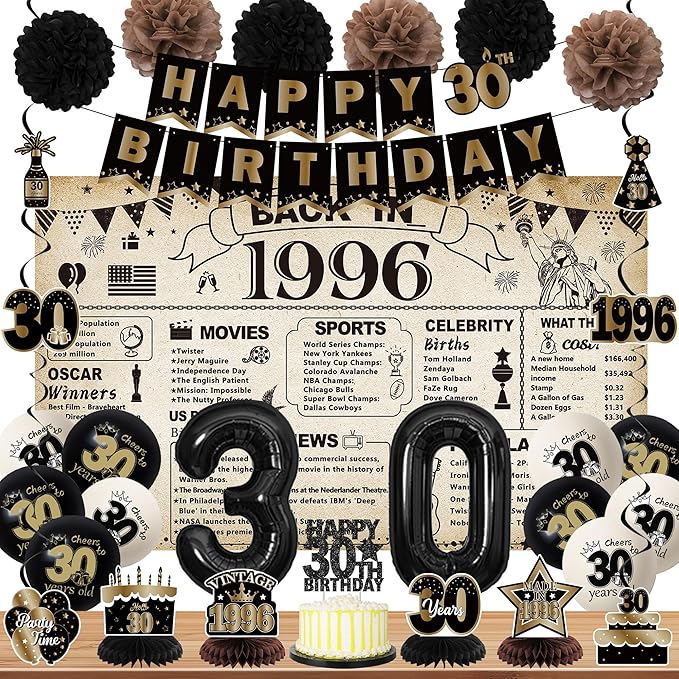 DARUNAXY 30th Birthday Party Decorations for Men Women, Vintage Back in 1996 Banner, Black 30 Number Balloons & Cake Topper, Vintage 1996 30 Birthday Honeycomb Hanging Swirl Confetti Balloons(30PC)