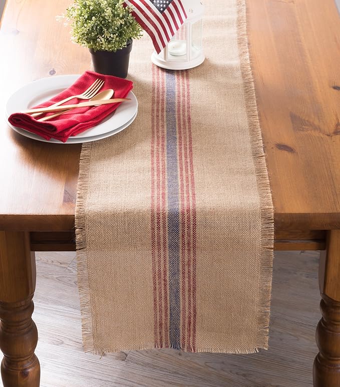 DII Jute Burlap Collection Kitchen Tabletop, Table Runner, 14x72, Middle Stripe Blue/Red
