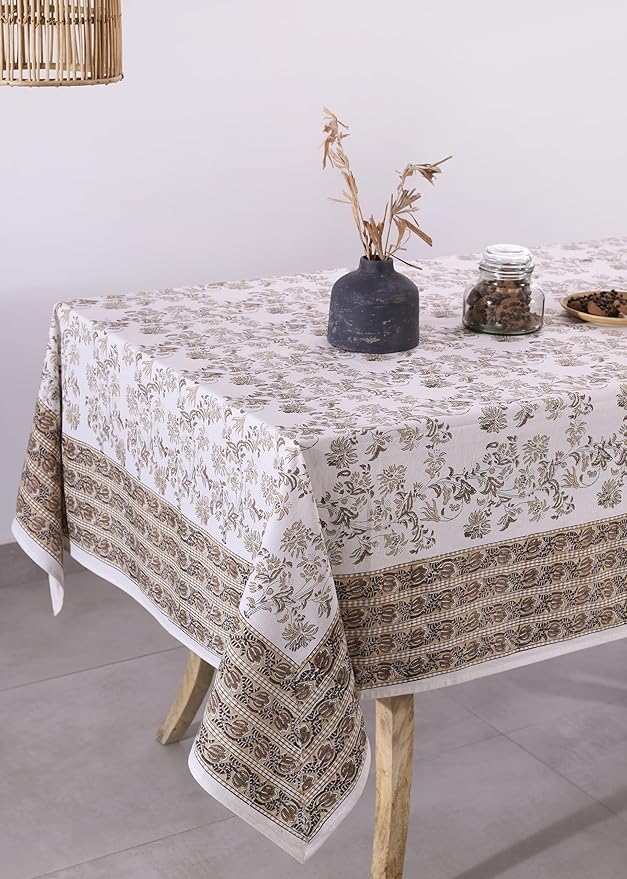 Labhanshi Indian Handblock Print Floral 100% Cotton Pre-Washed Canvas Rectangle Table Cloth|72x135 Inch 10-Seater Large Decorative Table Cover|Spring Easter Festive Holiday Decor|Beige Brown