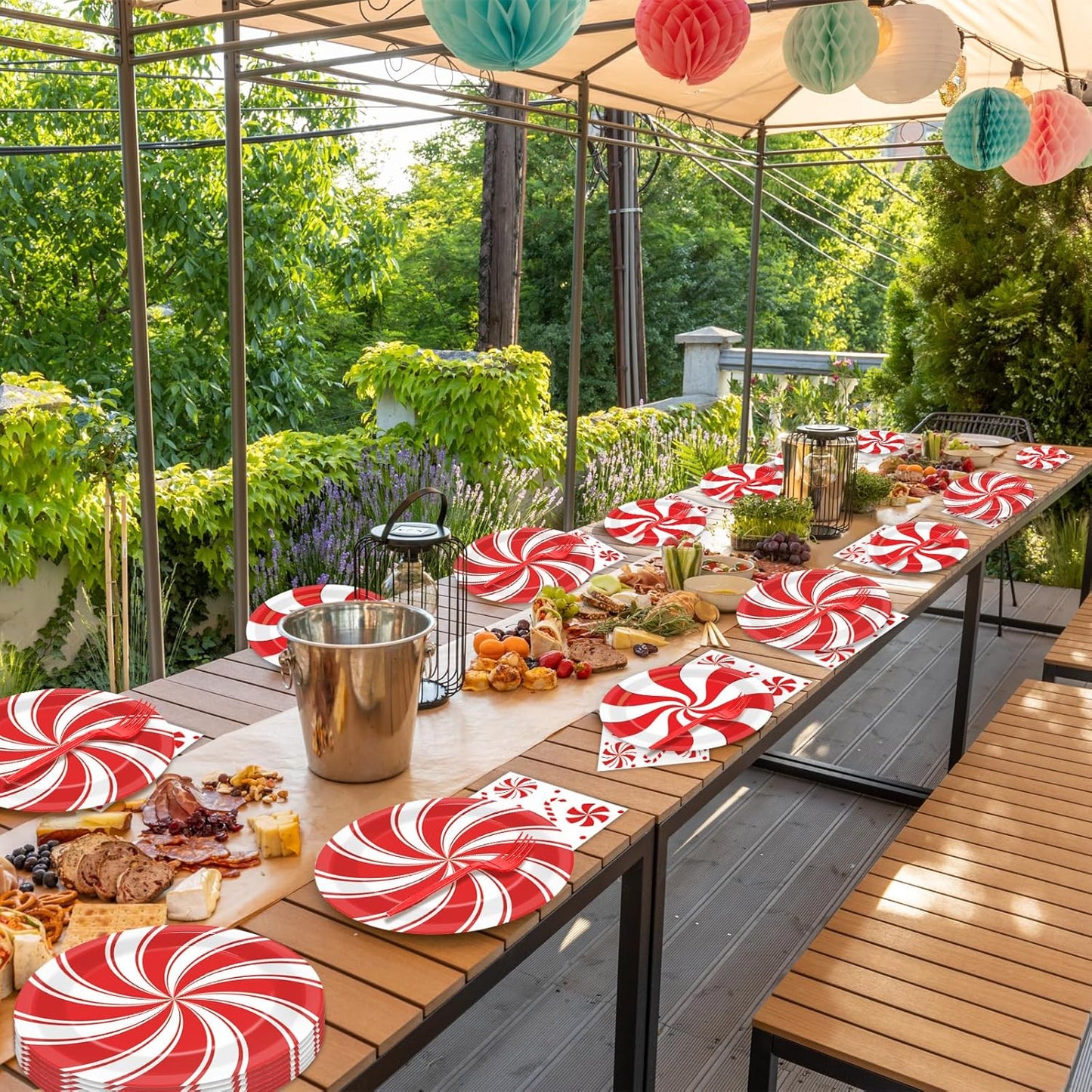 gisgfim 50 Guests Christmas Peppermint Candy Party Supplies Candy Mint Plates and Napkins Forks Xmas Tableware Red and White Striped Paper Plates for Holiday Party 200PCS