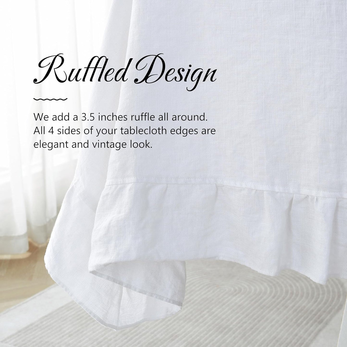 Linen World Ruffle Linen Tablecloth,100% French Linen White Tablecloth 132" x 90" Inch,Washable Rectangular Tablecloth for Dining,Outdoor,Weddings and Restaurants,Decorative Thanksgiving Christmas