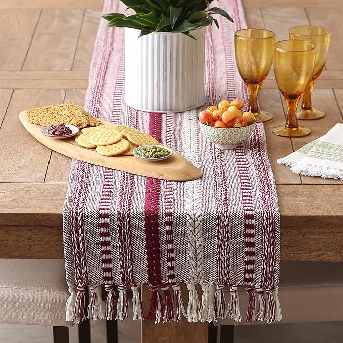 DII Farmhouse Braided Stripe Table Runner Collection, 15x72 (15x77, Fringe Included), Wine