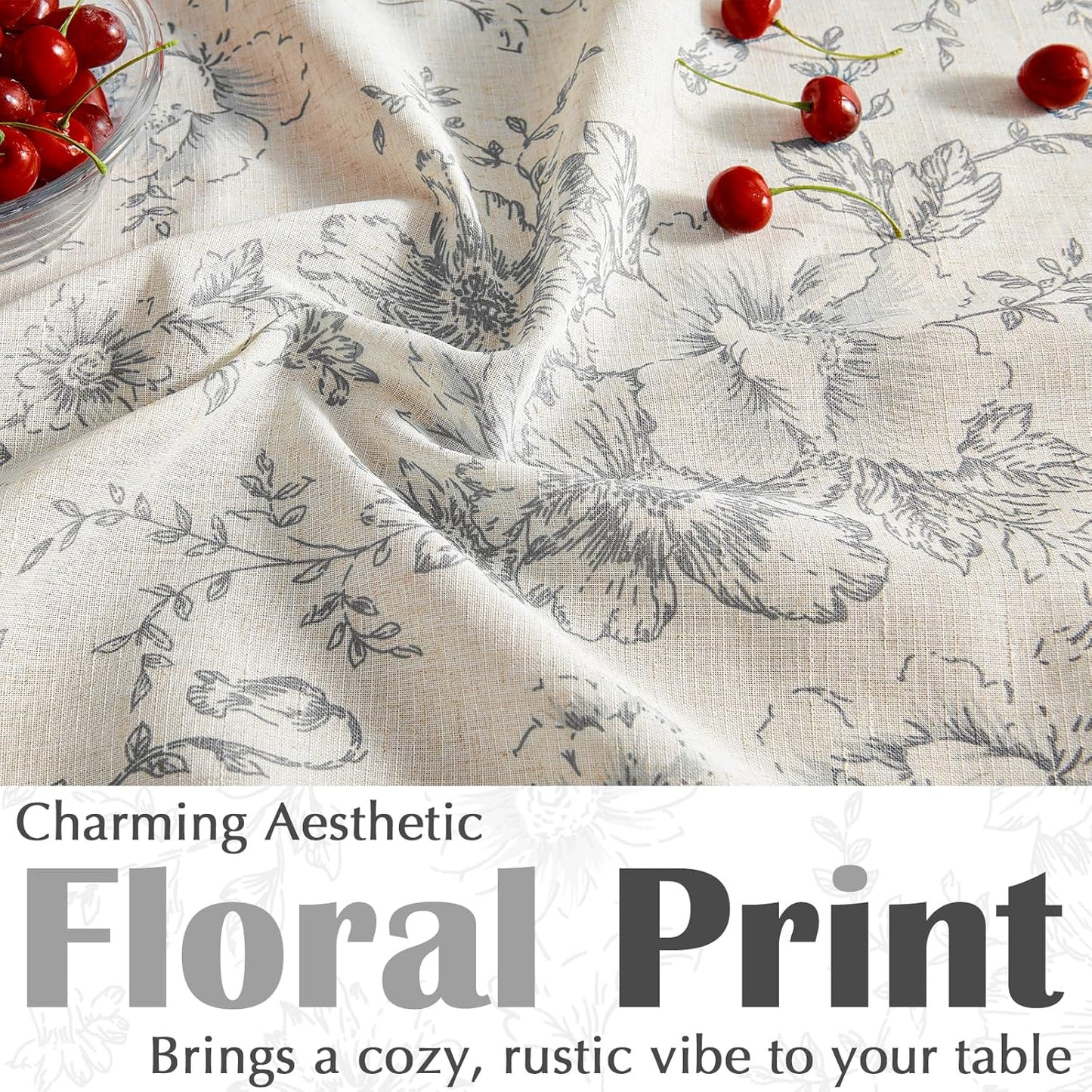 jinchan Linen Table Cloth 52 x 52 Inch with Gray Flower Print Farmhouse Beige Linen Blend Cloth for Square Dining Table Washable Cottage Table Cover Home Decor 1 Panel Floral Grey on Beige