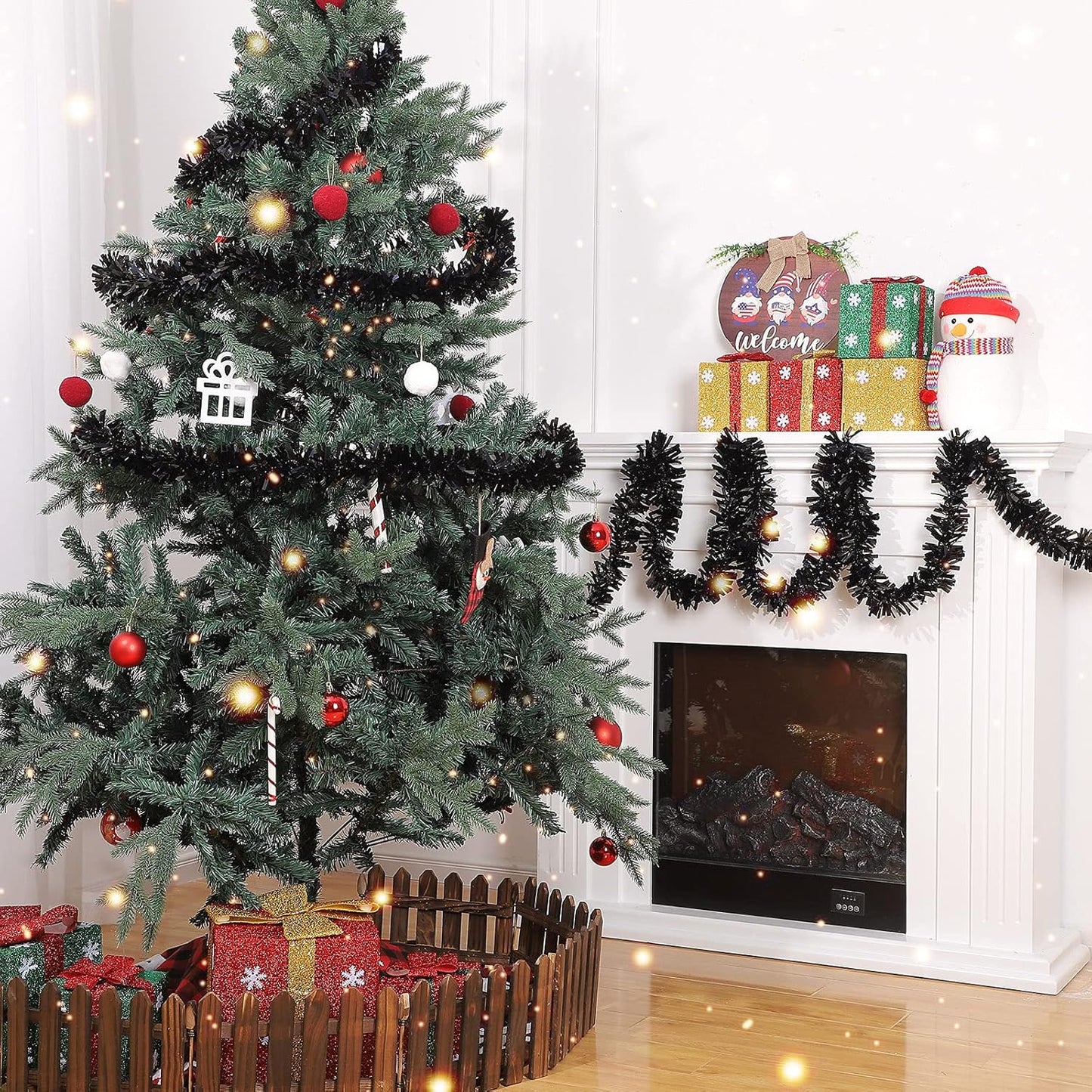 Sosation 100 ft Christmas Tinsel Garland Christmas Tree Twist Garland Bulk Glitter Metallic Streamer Indoor Outdoor Hanging Xmas Decorations(Black)