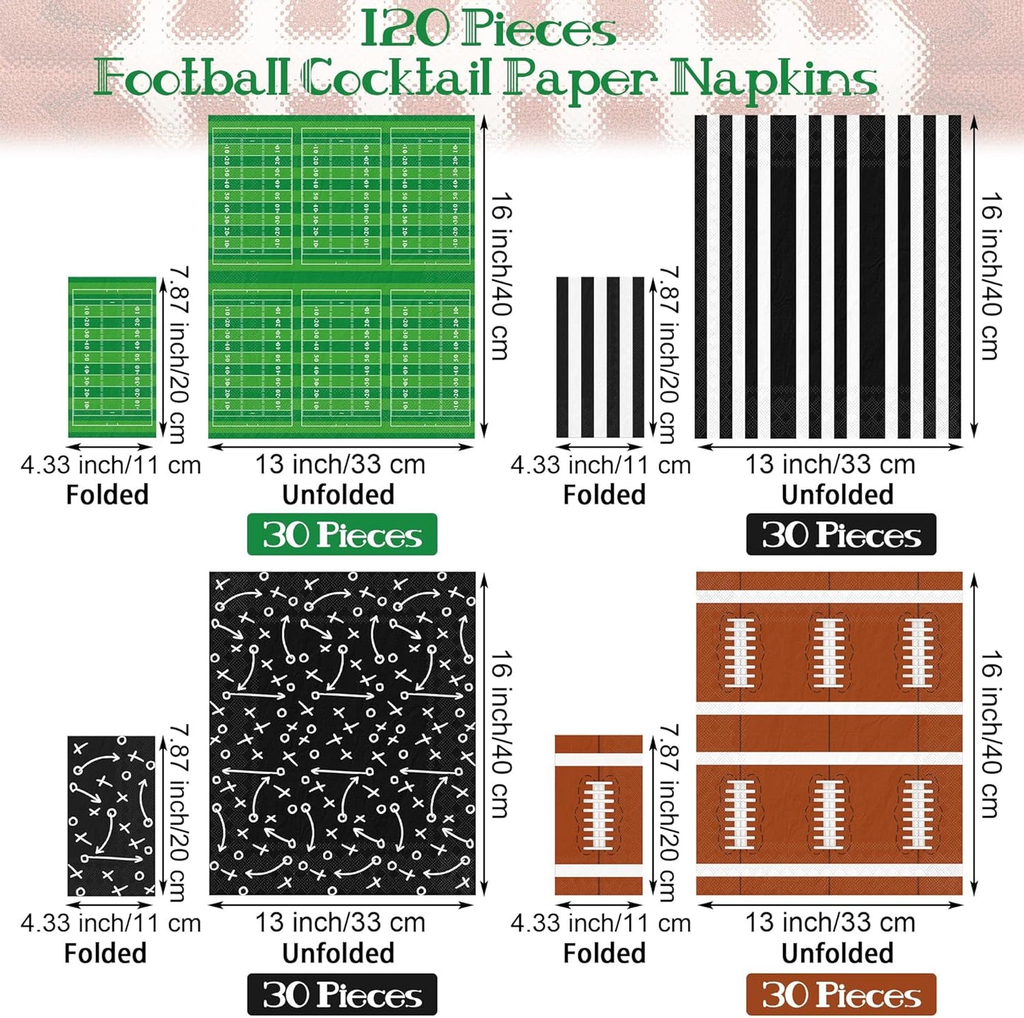 120 Count Football Party Napkins, 3-Ply Paper, Black, White, 4.33 x 7.87 Inch, Football Party Decorations