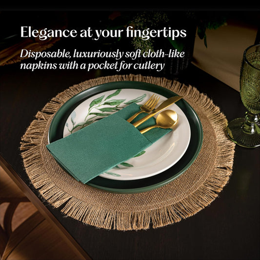 50-Pack Disposable Linen-Feel Dinner Napkins With Built-in Flatware Pocket, WOOD Prefolded Cloth Like Paper Napkins For Wedding, Dinner Or Party