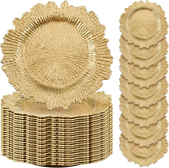Rtteri 50 Pcs 13 Inch Charger Plates Bulk, Plastic Charger Plates with Floral Reef Design, Round Ruffled Rim Decorative Dinner Tableware for Wedding, Party, Event Table Decor(Light Gold)
