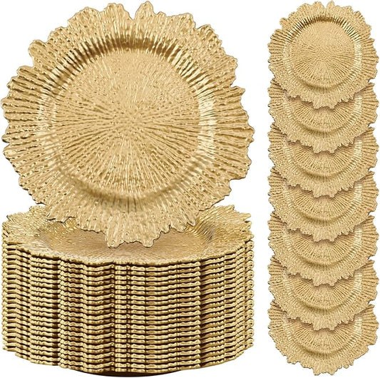 Rtteri 50 Pcs 13 Inch Charger Plates Bulk, Plastic Charger Plates with Floral Reef Design, Round Ruffled Rim Decorative Dinner Tableware for Wedding, Party, Event Table Decor(Light Gold)