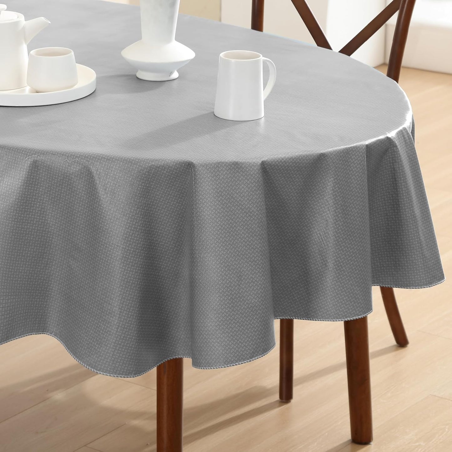 Newbridge Basketweave Vinyl Flannel Backed Tablecloth, 60 x 84 Inch Oval, Grey, Basket Weave Textured Indoor Outdoor Waterproof Table Cover for Patio, Kitchen, Dining