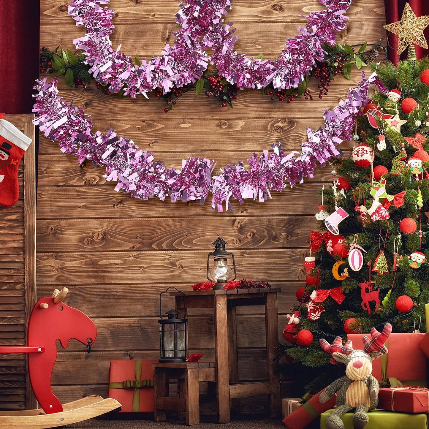 Sosation 100 ft Christmas Tinsel Garland Christmas Tree Twist Garland Bulk Glitter Metallic Streamer Indoor Outdoor Hanging Xmas Decorations(Light Pink)