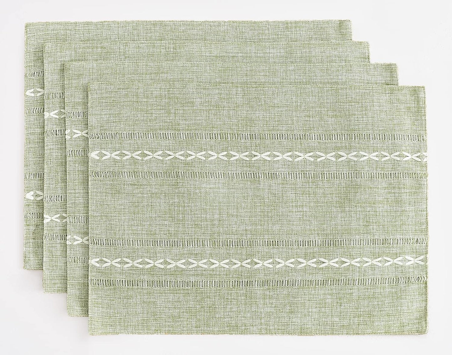 Wracra Cotton Linen Placemats, 12 x 18 Inch Set of 4 Fete Placemats Rustic Hemstitch Place Mats for Kitchen Table and Heat Resistant-Sage Green
