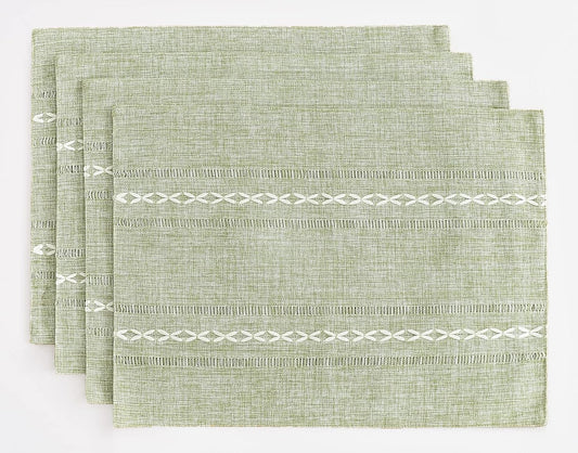 Wracra Cotton Linen Placemats, 12 x 18 Inch Set of 4 Fete Placemats Rustic Hemstitch Place Mats for Kitchen Table and Heat Resistant-Sage Green
