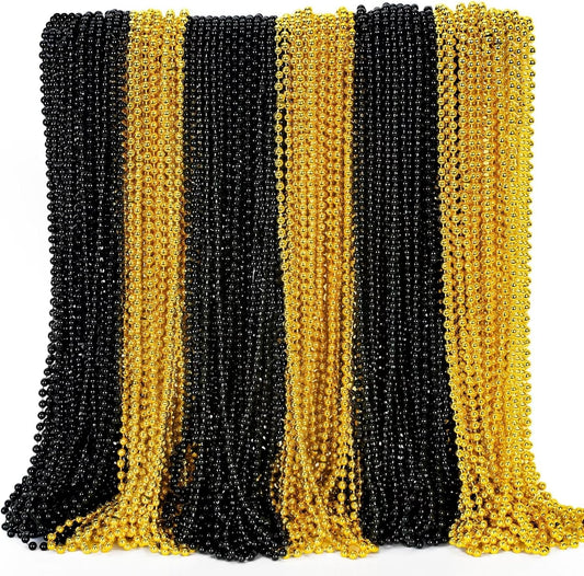 144PCS New Years Eve Bead Necklace, Black Gold Bead Necklace Party Supplies, 33" New Years Eve Necklaces Costume Set, Festival Parade Throw for Mardi Gras New Years Celebrations Decorations