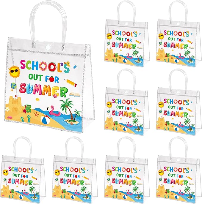 H1vojoxo End of Year Gift Bags - 24PCS End of Year Clear PVC Gift Bags with Handles Bulk 7.9x3.2x7.9 Inch Last Day of School Goodie Treat Bag Summer School's Out Classroom Gifts Wrap Totes for Student