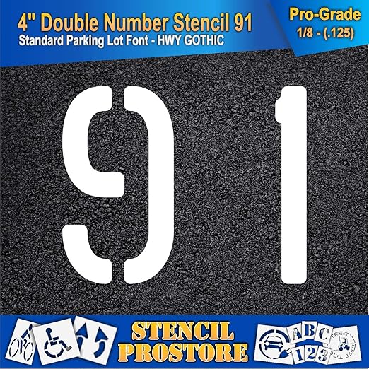 Pavement, Curb, and WheelStop Stencils - 4 inch Double Number Stencil - (91) - 4" x 4" x 1/8" (128 mil) - Pro-Grade