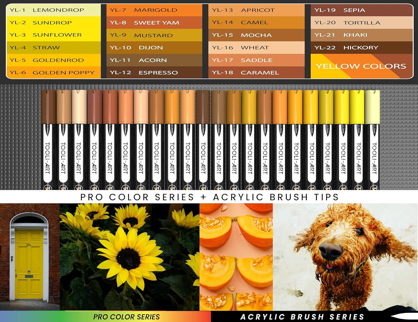 22 Flexible Brush Tip Acrylic Paint Pens Markers Set 1-7mm Line for Rock Painting, Brush Lettering, Glass, Mugs, Wood, Metal, Canvas, Fabric, Plastic. Non Toxic Waterbased Quick Drying Assorted Yellow