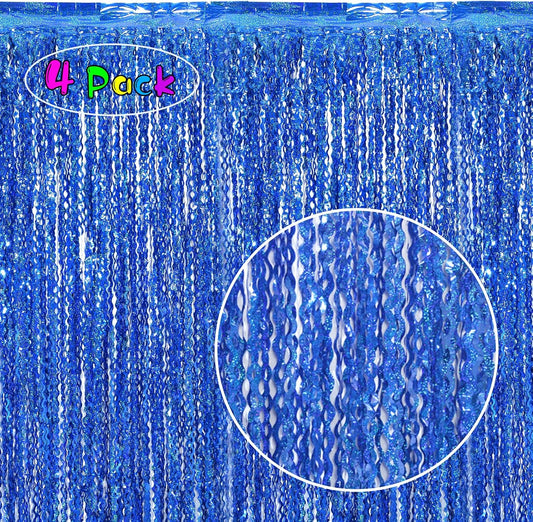 4 Pack 3.3 ft x 6.6 Wavy Sparkle Dark Blue Foil Fringe Backdrop Curtain - Navy Blue Streamer Backdrop Tinsel Curtains for Door Streamers Ocean Birthday Party Decorations Disco Party
