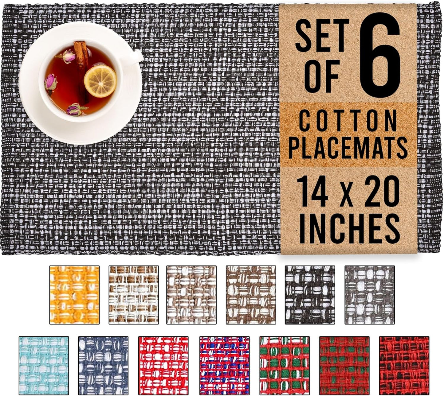 Urban Villa Set of 6 Blak Placemats for Dining Table 100% CottonPlacemats 14''x20'' Over Sized Tablemats Placemats Black/White Two Tone Tablemats for Family Dinners Wedding Parties Everyday Use