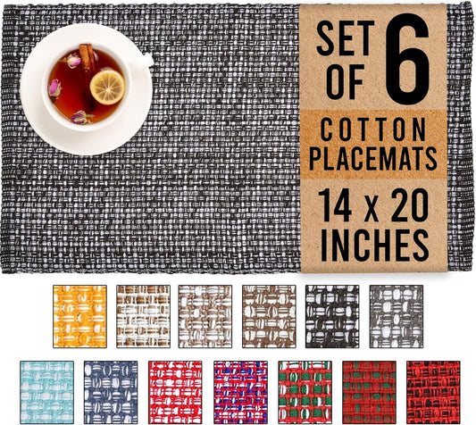 Urban Villa Set of 6 Blak Placemats for Dining Table 100% CottonPlacemats 14''x20'' Over Sized Tablemats Placemats Black/White Two Tone Tablemats for Family Dinners Wedding Parties Everyday Use