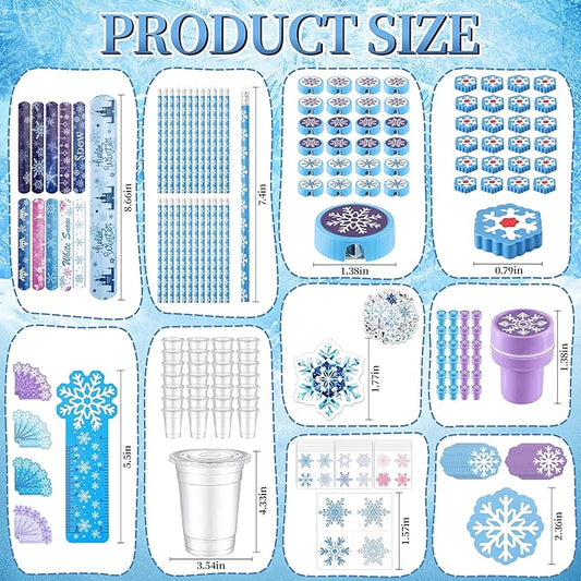 24 Set Winter Holiday Stationery Party Favors, Winter Snowflake Party Gifts, Holiday Stationery Gift Cups Filler with Sticker Stamper Ruler for Birthday Stocking Goodie Bags Exchange Gift